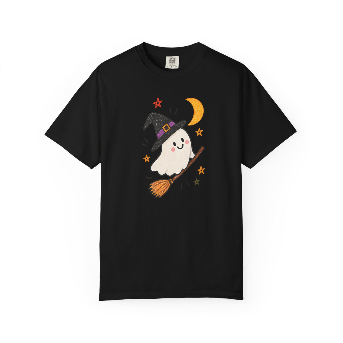 Cute Witch Ghost on Broom T-Shirt | Halloween Moon Stars