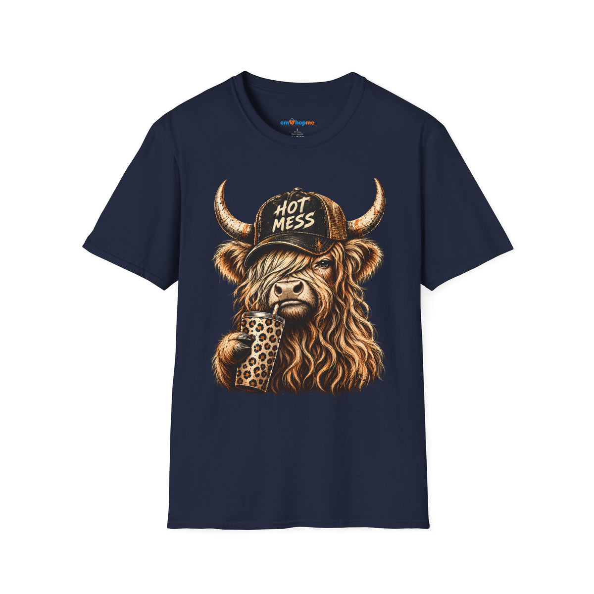 Hot Mess Highland Cow T-Shirt — Funny Cow with 'Hot Mess' Cap & Leopard Mug