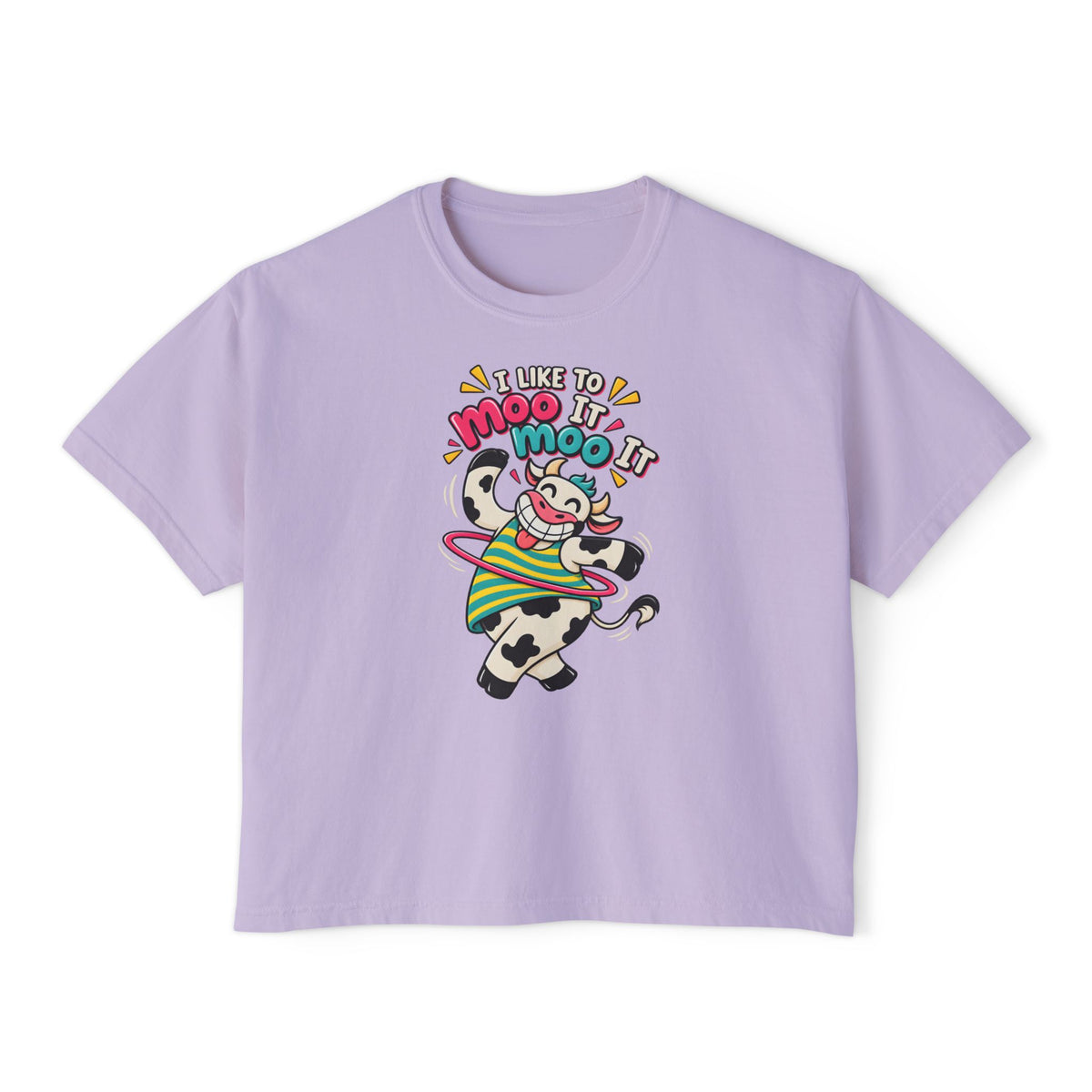 Women’s Boxy Tee — Cute Dancing Cow Graphic “I Like to Moo It Moo It”