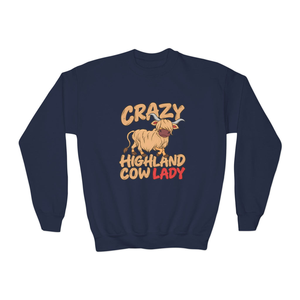 Crazy Highland Cow Lady Youth Crewneck Sweatshirt