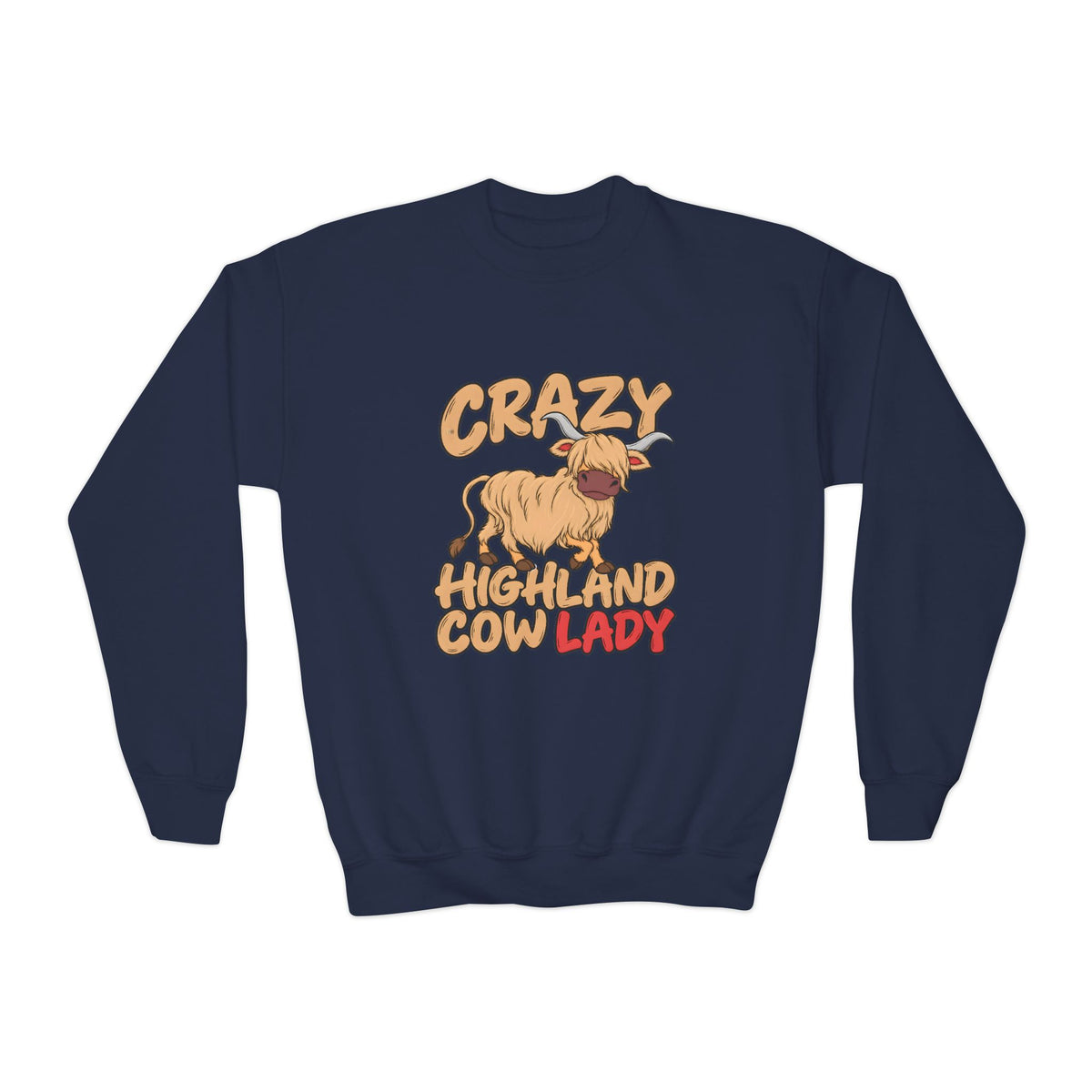 Crazy Highland Cow Lady Youth Crewneck Sweatshirt