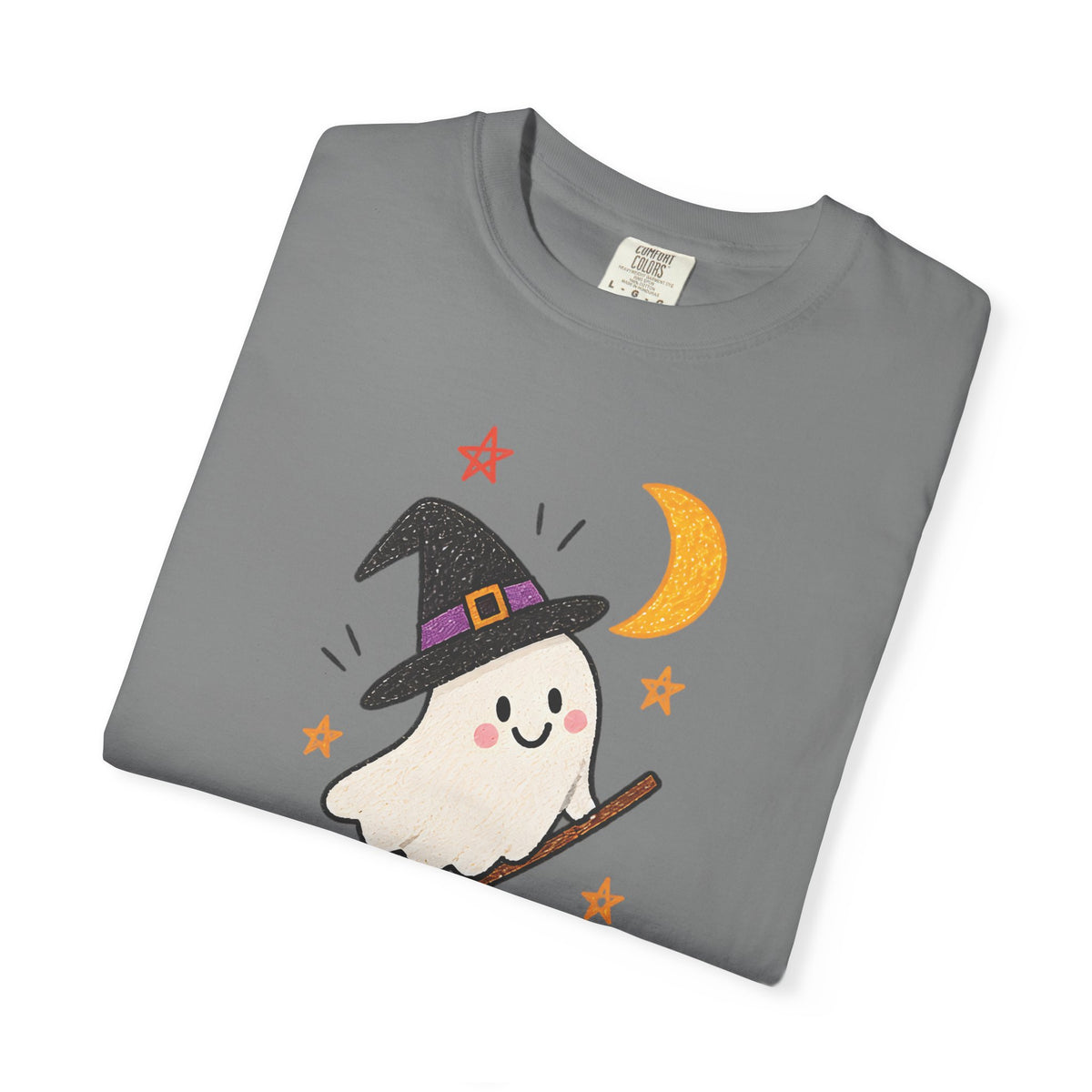 Cute Witch Ghost on Broom T-Shirt | Halloween Moon Stars