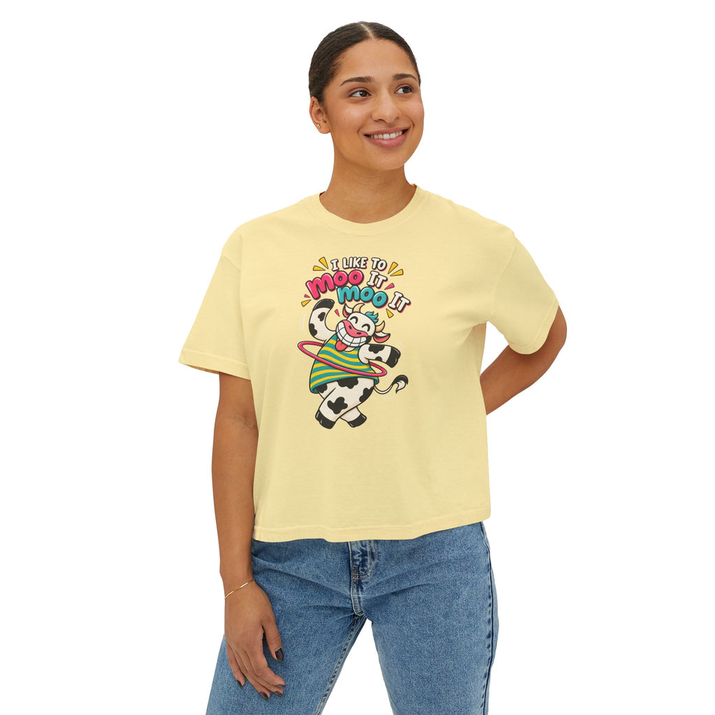 Women’s Boxy Tee — Cute Dancing Cow Graphic “I Like to Moo It Moo It”