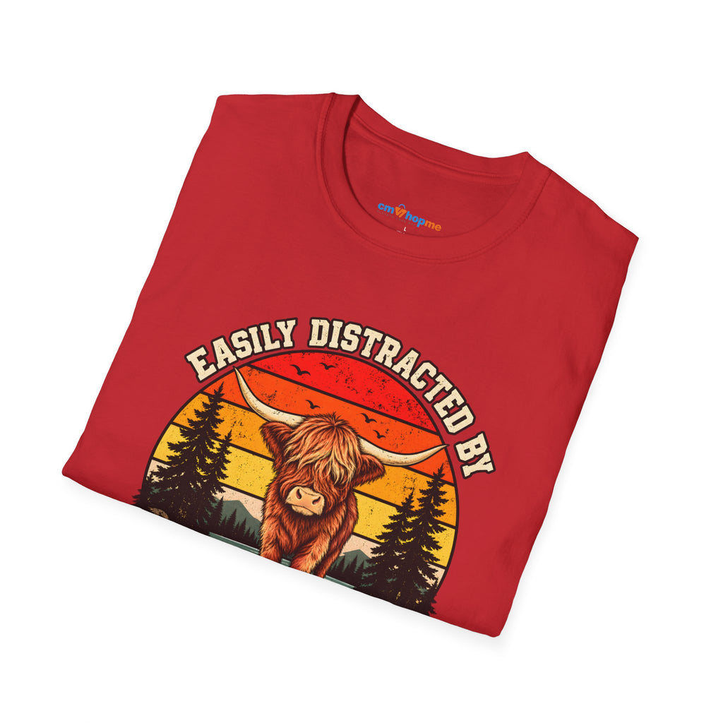 Highland Cows T-Shirt — "Easily Distracted by Highland Cows" Retro Graphic Tee