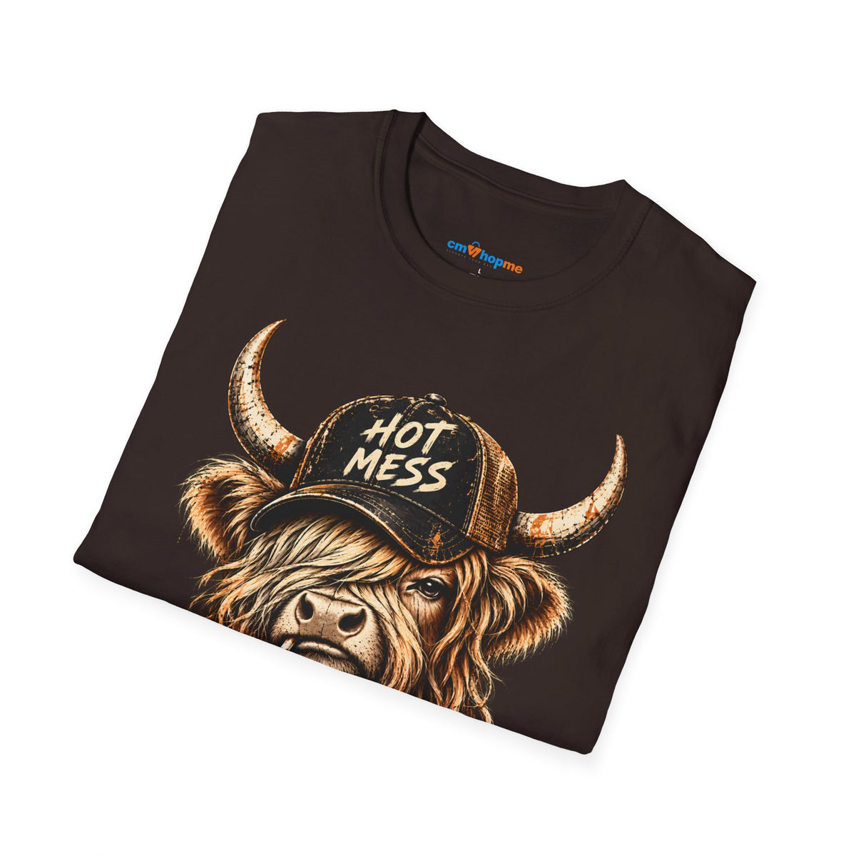 Hot Mess Highland Cow T-Shirt — Funny Cow with 'Hot Mess' Cap & Leopard Mug