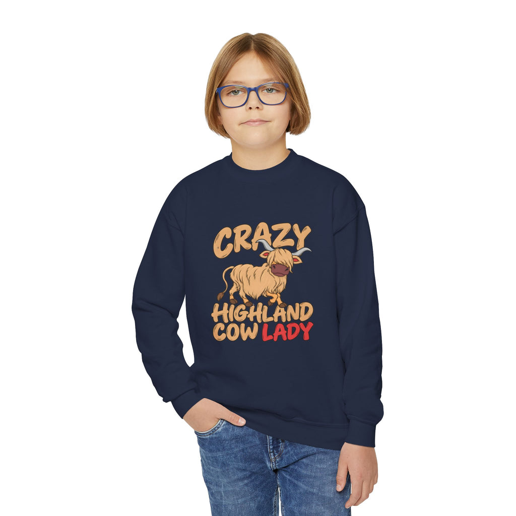Crazy Highland Cow Lady Youth Crewneck Sweatshirt