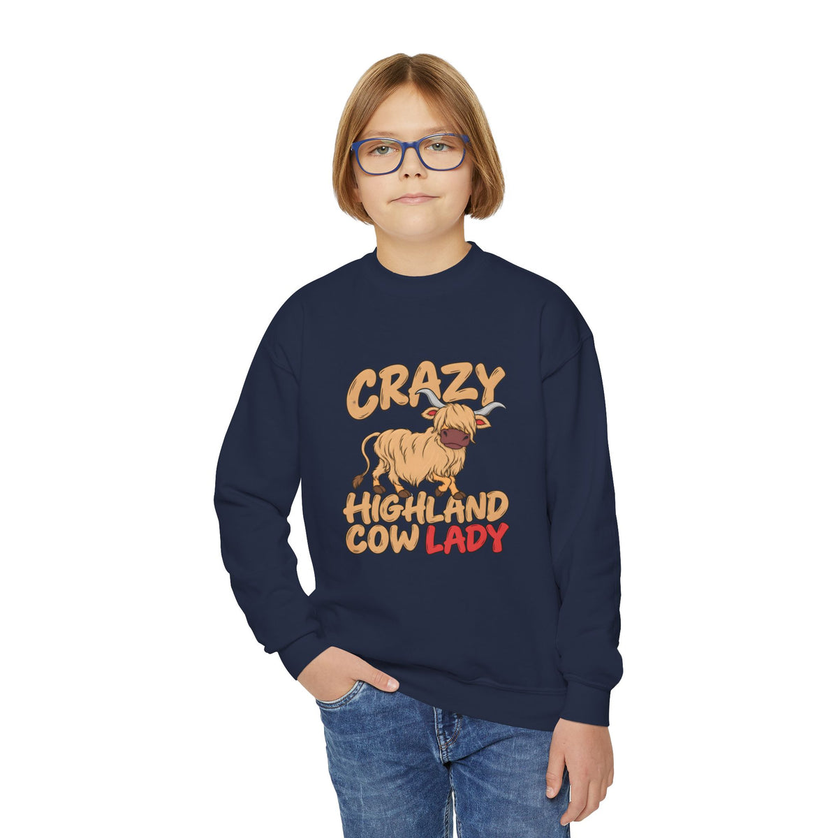 Crazy Highland Cow Lady Youth Crewneck Sweatshirt