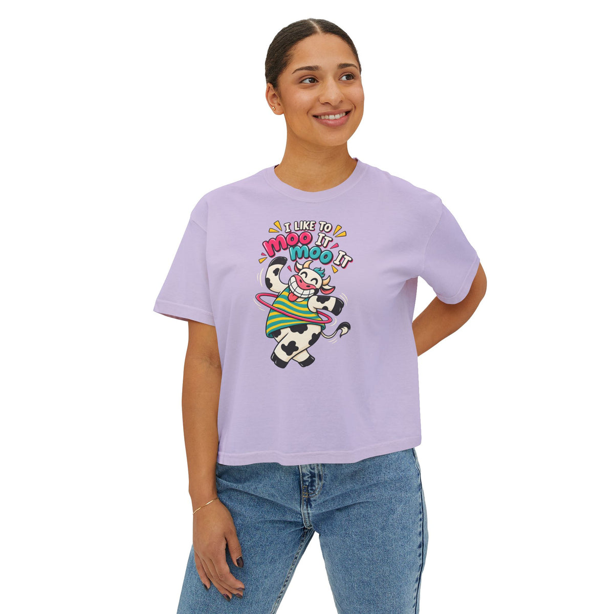 Women’s Boxy Tee — Cute Dancing Cow Graphic “I Like to Moo It Moo It”