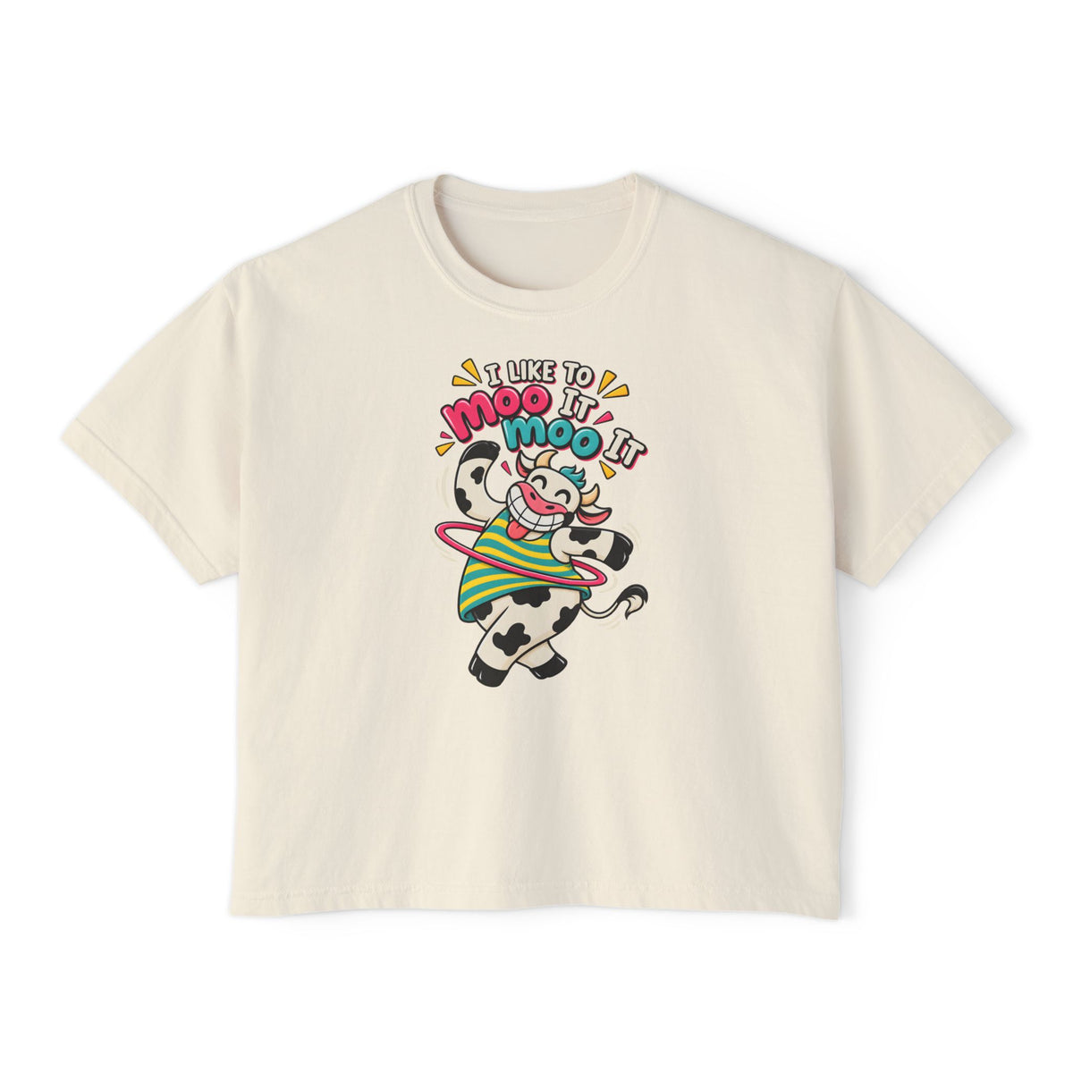 Women’s Boxy Tee — Cute Dancing Cow Graphic “I Like to Moo It Moo It”