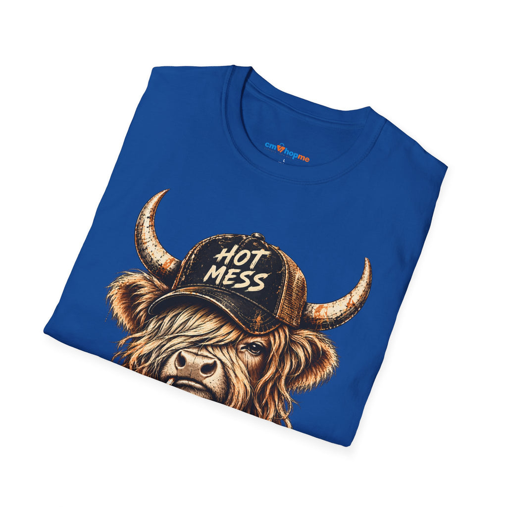 Hot Mess Highland Cow T-Shirt — Funny Cow with 'Hot Mess' Cap & Leopard Mug