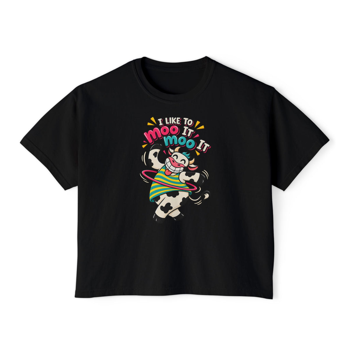 Women’s Boxy Tee — Cute Dancing Cow Graphic “I Like to Moo It Moo It”