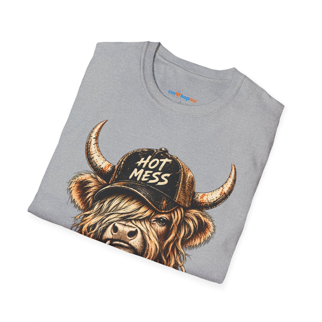 Hot Mess Highland Cow T-Shirt — Funny Cow with 'Hot Mess' Cap & Leopard Mug