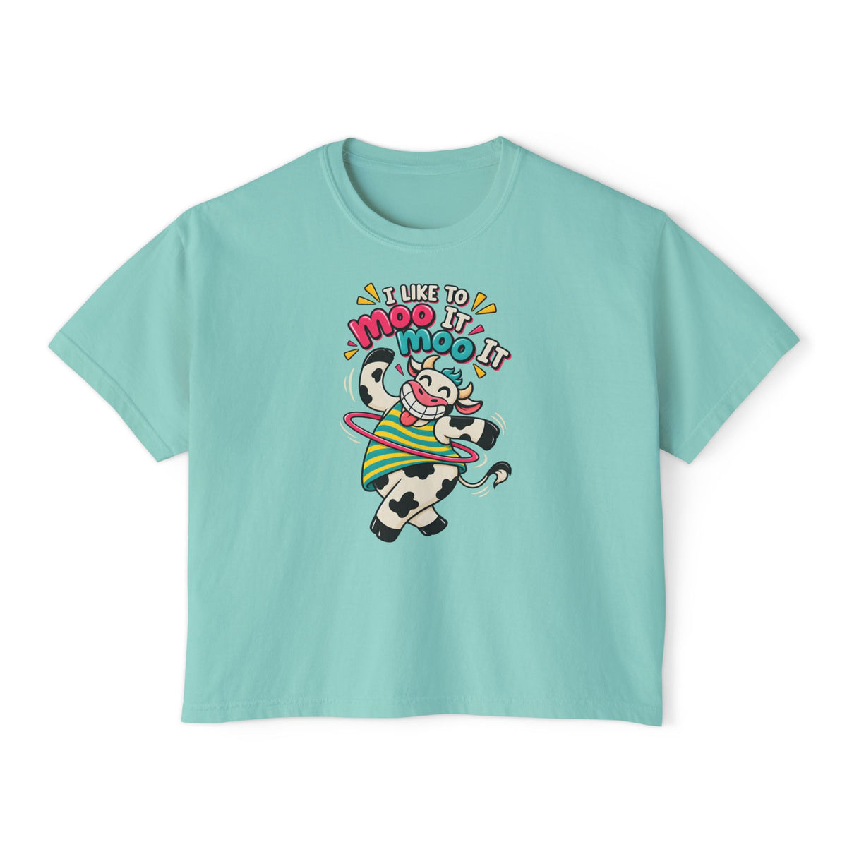 Women’s Boxy Tee — Cute Dancing Cow Graphic “I Like to Moo It Moo It”