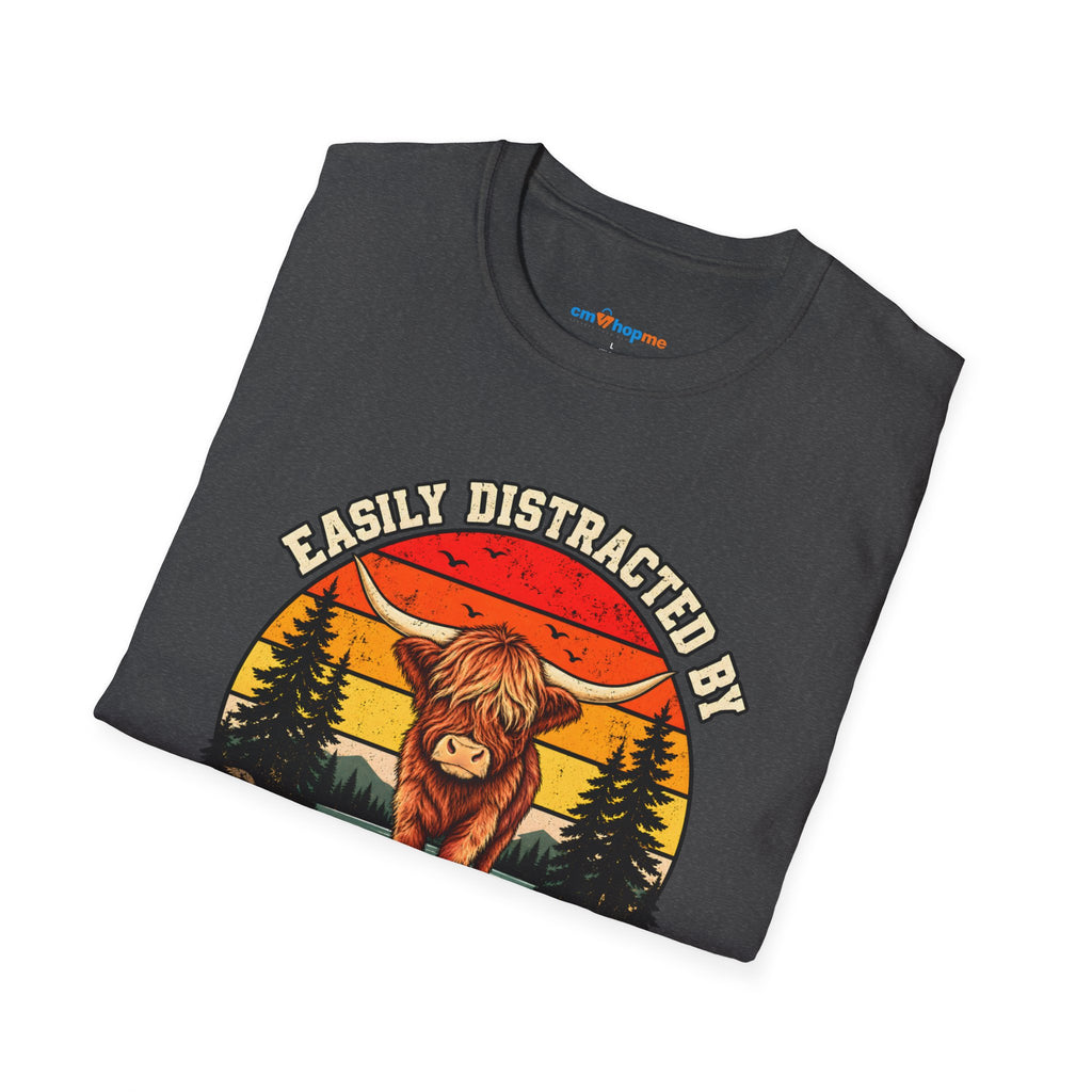 Highland Cows T-Shirt — "Easily Distracted by Highland Cows" Retro Graphic Tee