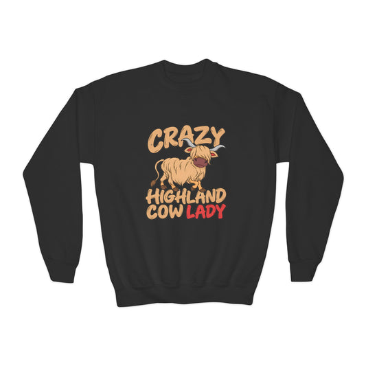 Crazy Highland Cow Lady Youth Crewneck Sweatshirt