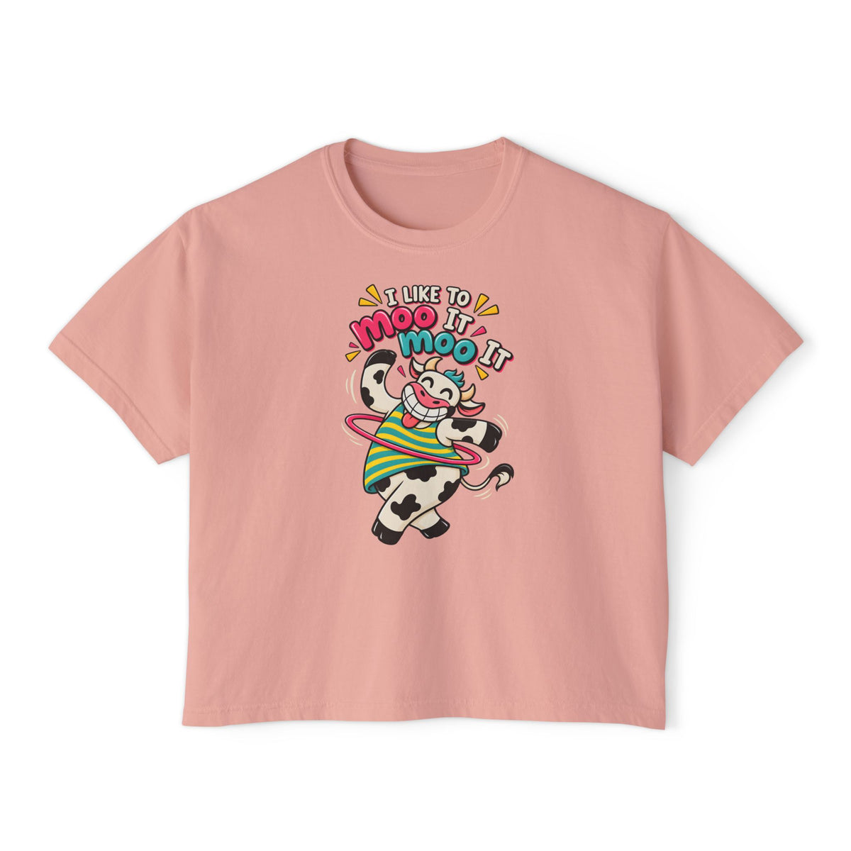 Women’s Boxy Tee — Cute Dancing Cow Graphic “I Like to Moo It Moo It”