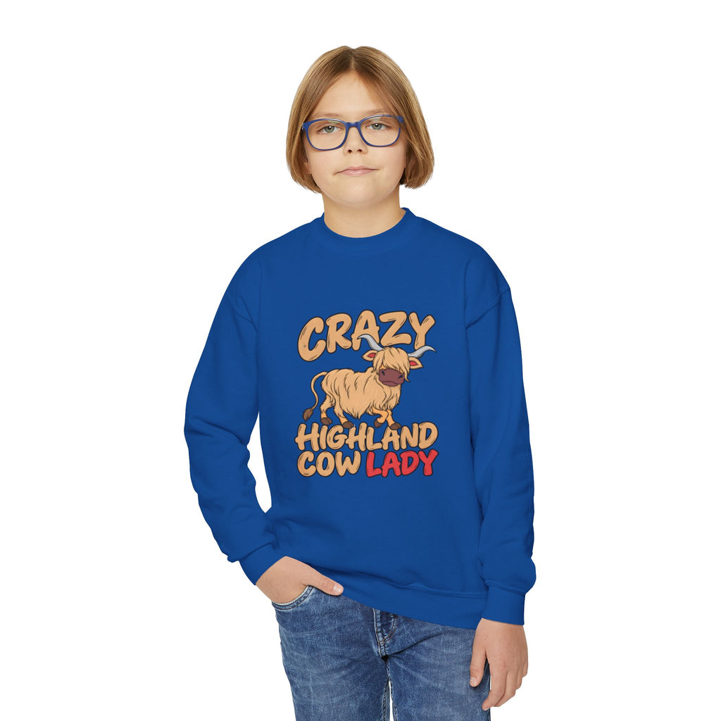 Crazy Highland Cow Lady Youth Crewneck Sweatshirt