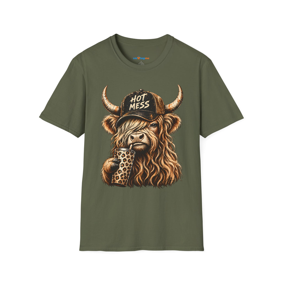 Hot Mess Highland Cow T-Shirt — Funny Cow with 'Hot Mess' Cap & Leopard Mug