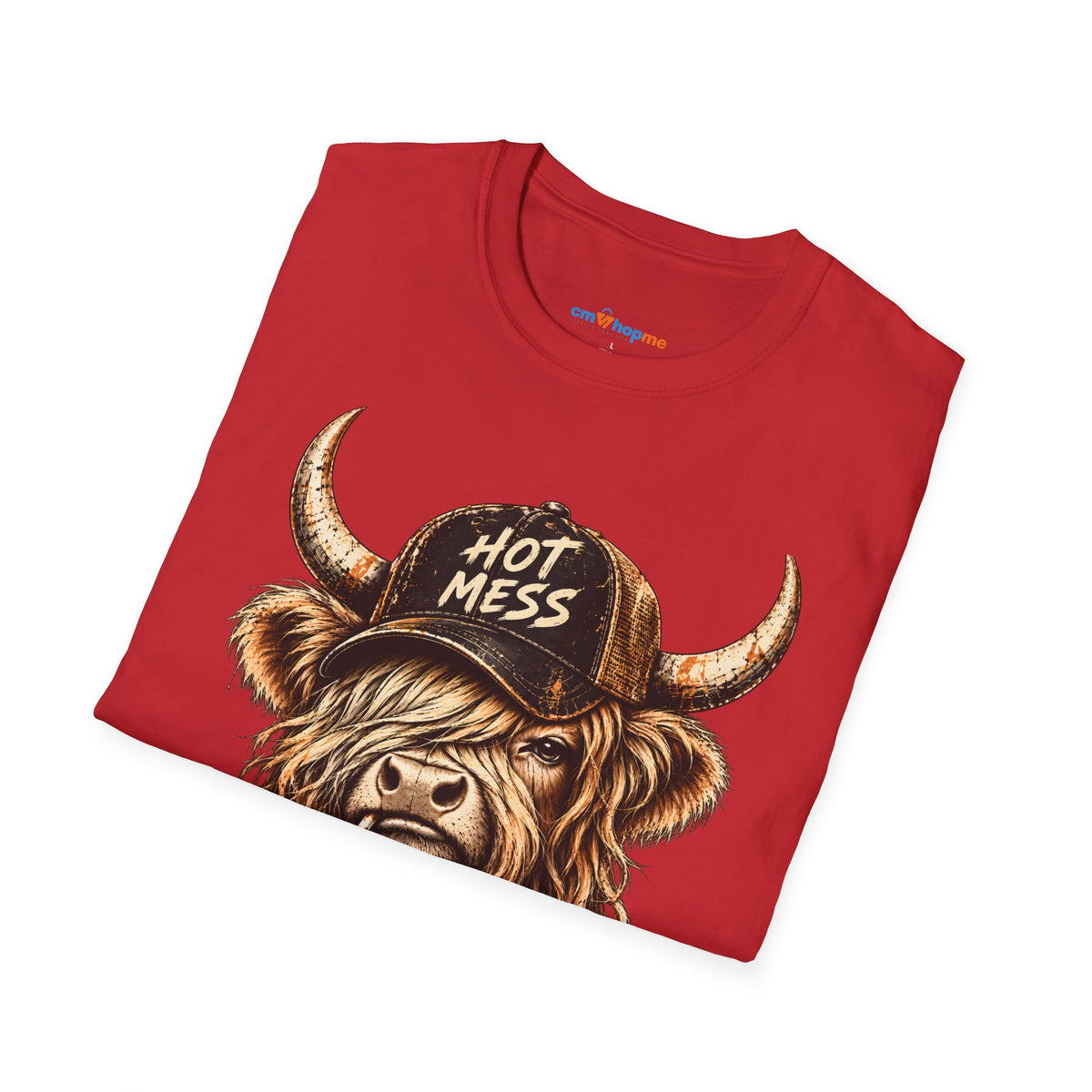 Hot Mess Highland Cow T-Shirt — Funny Cow with 'Hot Mess' Cap & Leopard Mug