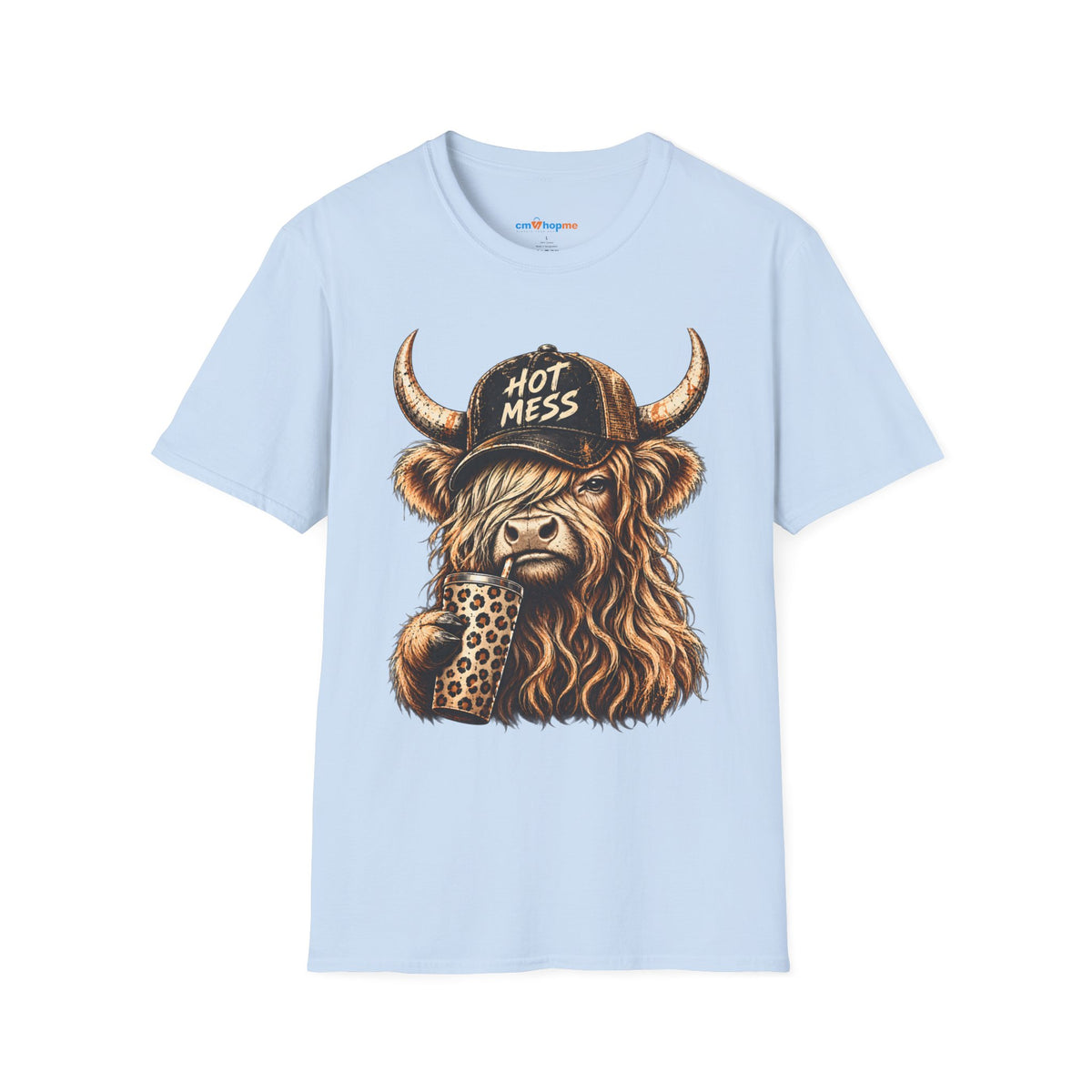Hot Mess Highland Cow T-Shirt — Funny Cow with 'Hot Mess' Cap & Leopard Mug