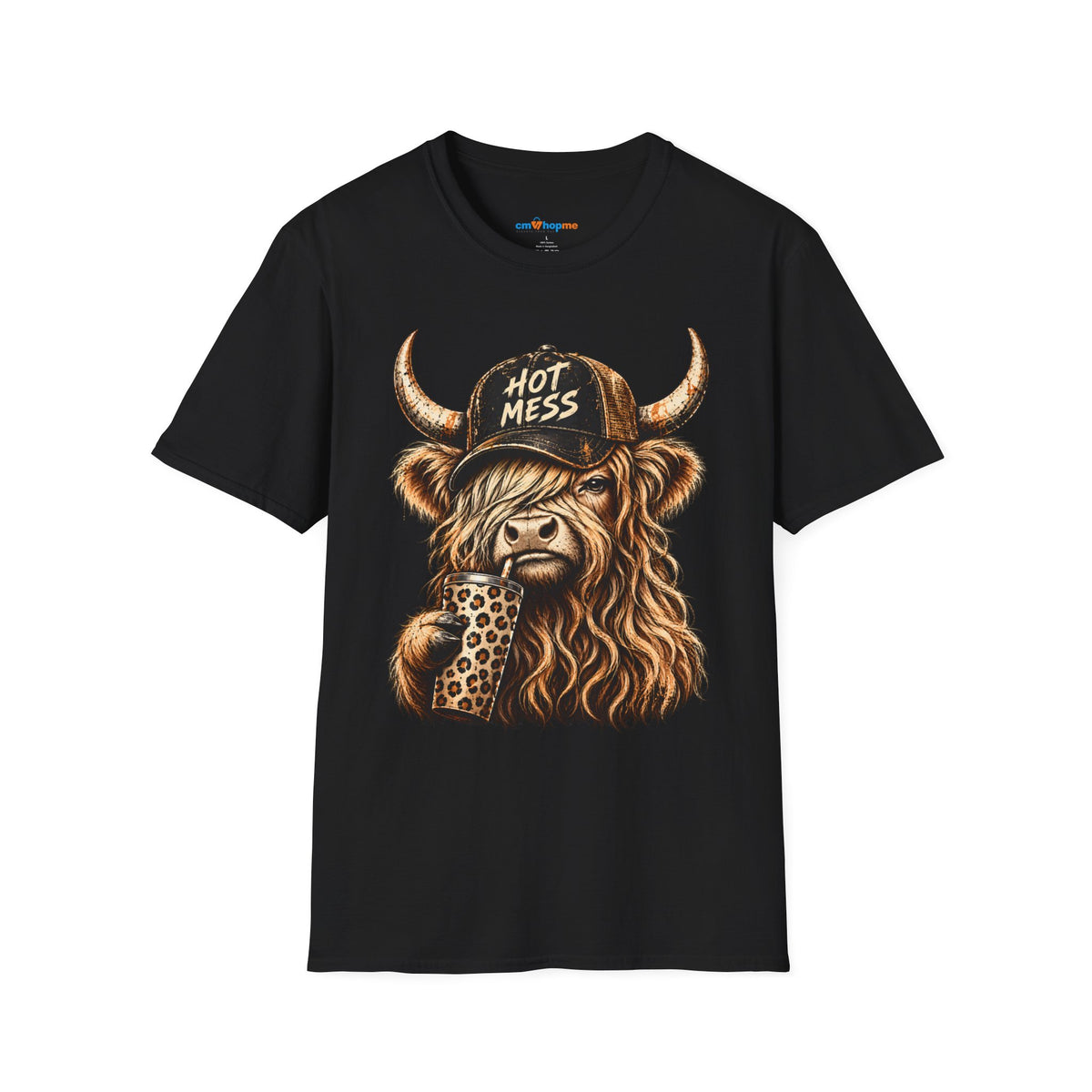 Hot Mess Highland Cow T-Shirt — Funny Cow with 'Hot Mess' Cap & Leopard Mug
