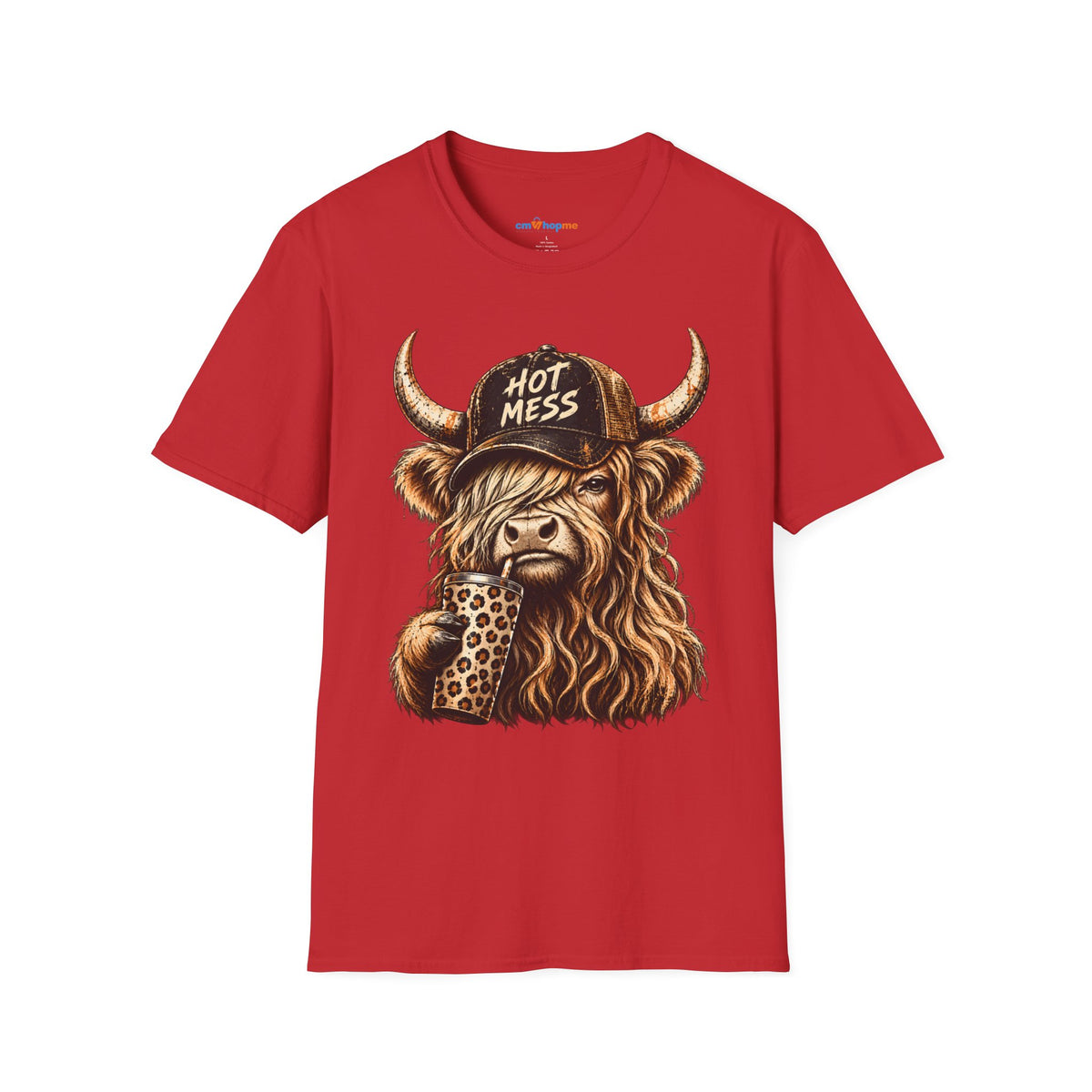 Hot Mess Highland Cow T-Shirt — Funny Cow with 'Hot Mess' Cap & Leopard Mug