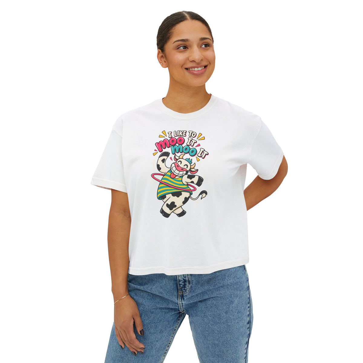 Women’s Boxy Tee — Cute Dancing Cow Graphic “I Like to Moo It Moo It”