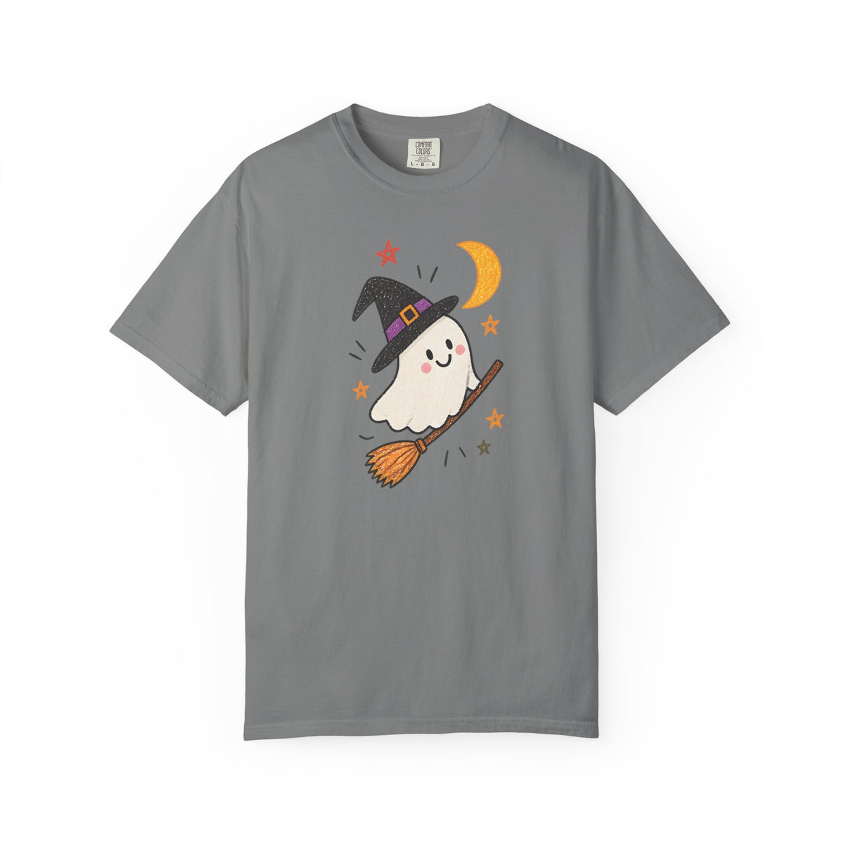 Cute Witch Ghost on Broom T-Shirt | Halloween Moon Stars