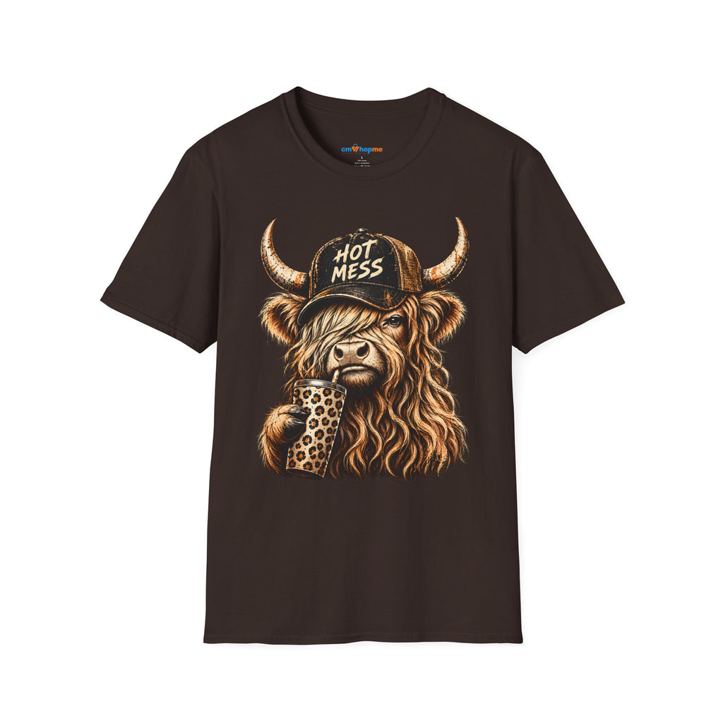 Hot Mess Highland Cow T-Shirt — Funny Cow with 'Hot Mess' Cap & Leopard Mug