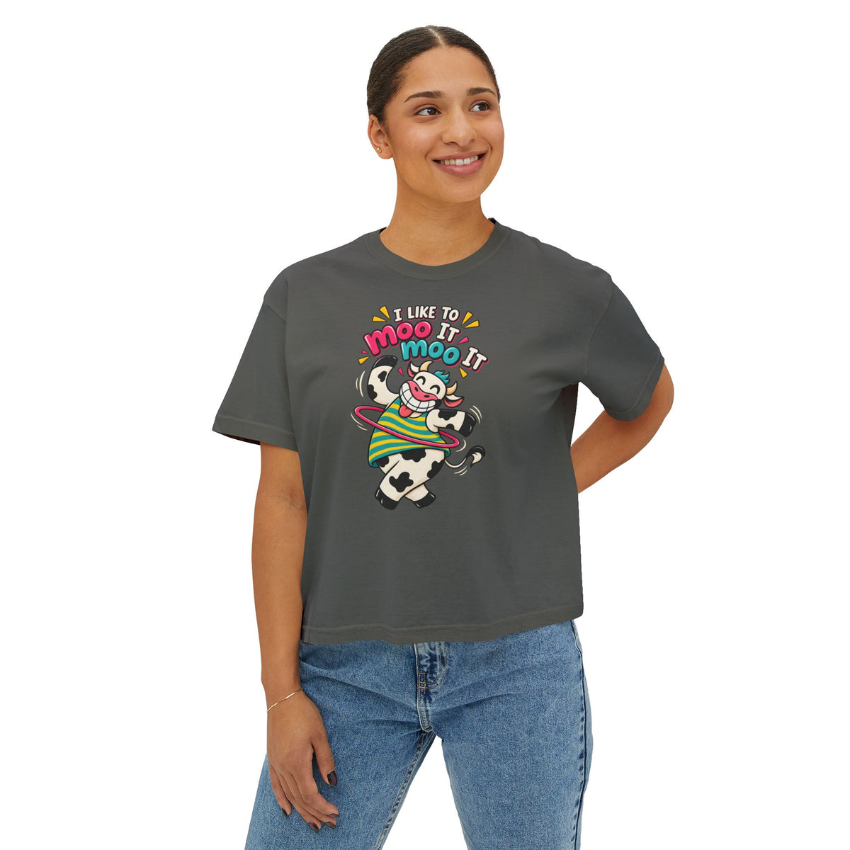 Women’s Boxy Tee — Cute Dancing Cow Graphic “I Like to Moo It Moo It”