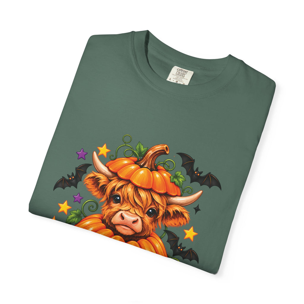 Halloween Pumpkin Cow T-Shirt — Cute Jack-O’-Lantern Highland Cow Tee