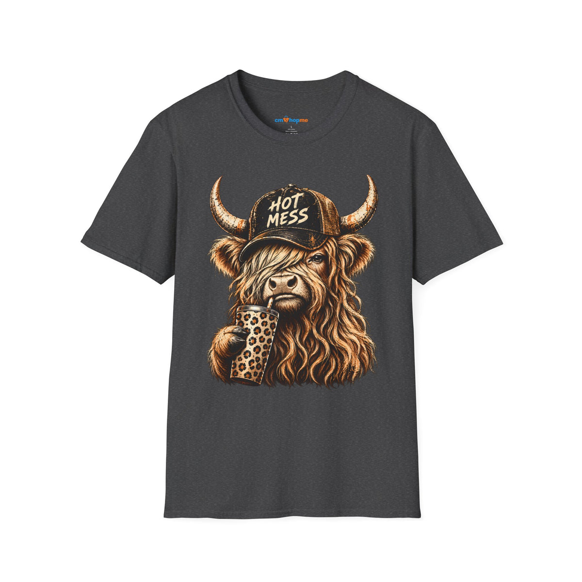 Hot Mess Highland Cow T-Shirt — Funny Cow with 'Hot Mess' Cap & Leopard Mug