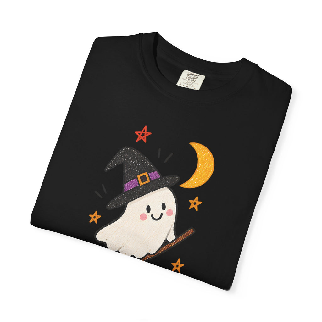 Cute Witch Ghost on Broom T-Shirt | Halloween Moon Stars