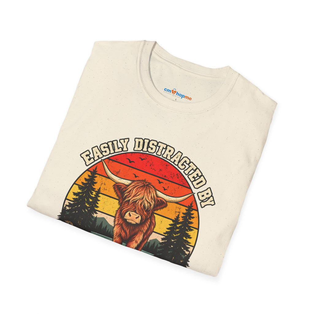 Highland Cows T-Shirt — "Easily Distracted by Highland Cows" Retro Graphic Tee