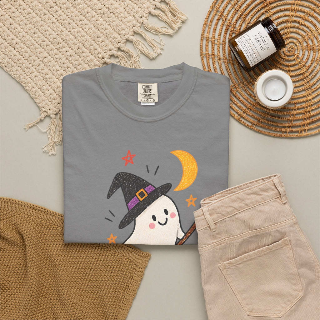Cute Witch Ghost on Broom T-Shirt | Halloween Moon Stars