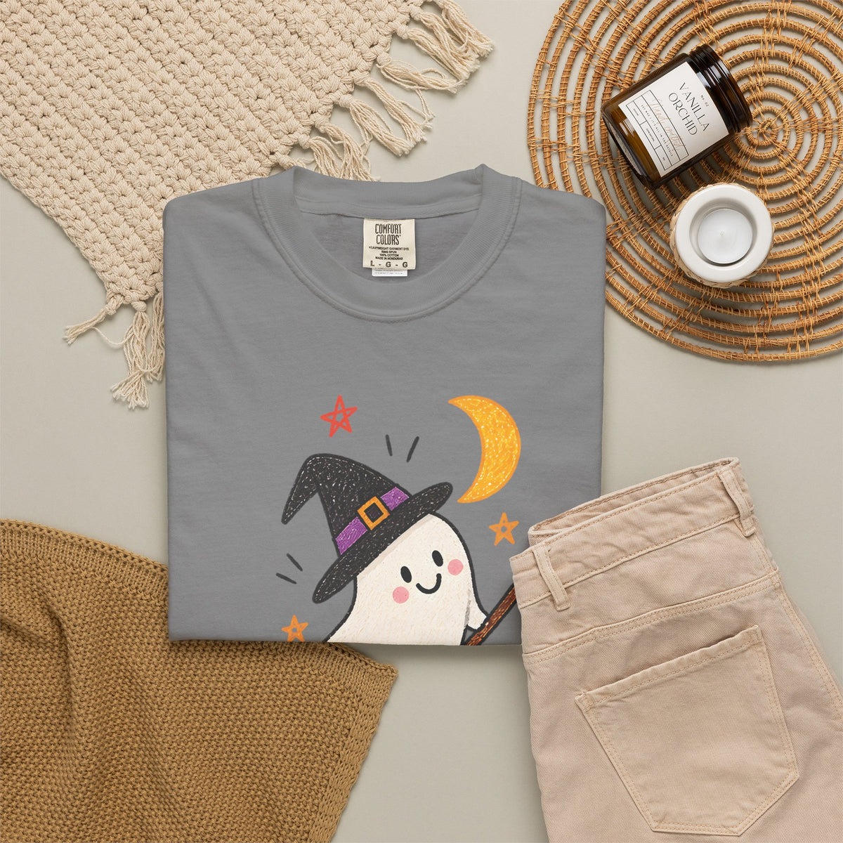 Cute Witch Ghost on Broom T-Shirt | Halloween Moon Stars