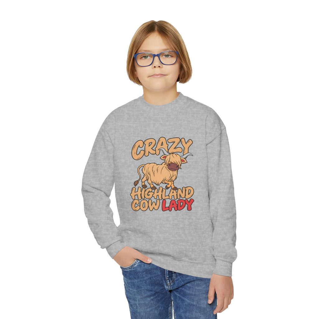 Crazy Highland Cow Lady Youth Crewneck Sweatshirt
