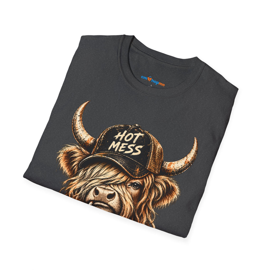 Hot Mess Highland Cow T-Shirt — Funny Cow with 'Hot Mess' Cap & Leopard Mug