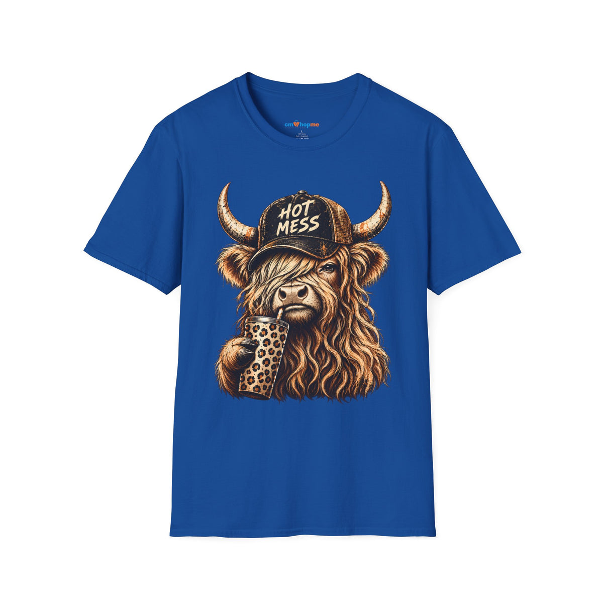 Hot Mess Highland Cow T-Shirt — Funny Cow with 'Hot Mess' Cap & Leopard Mug