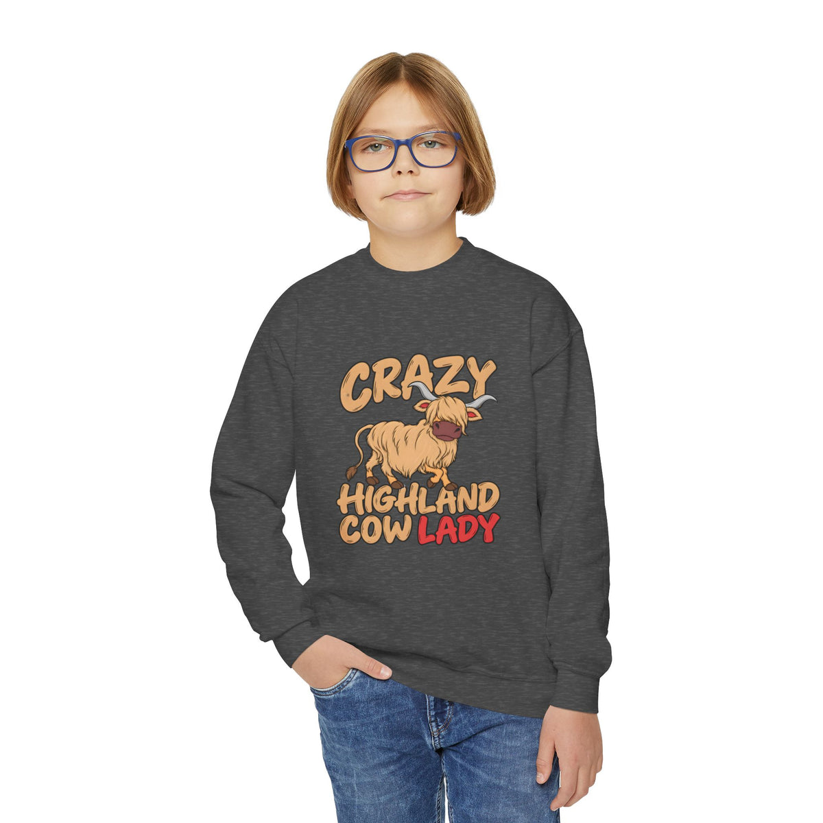 Crazy Highland Cow Lady Youth Crewneck Sweatshirt