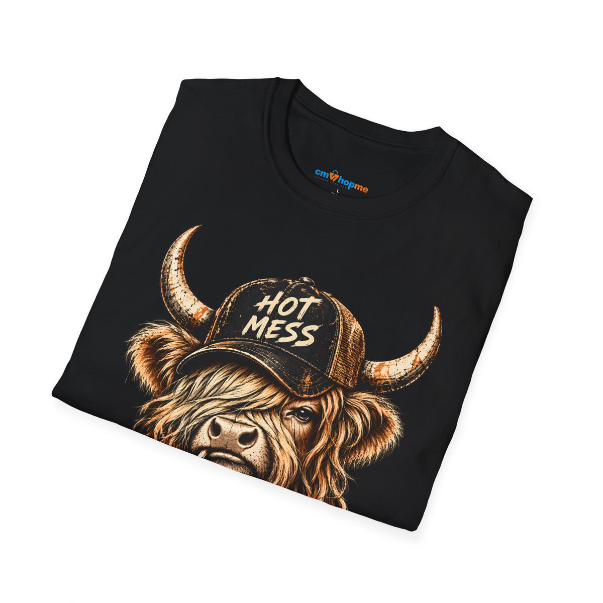 Hot Mess Highland Cow T-Shirt — Funny Cow with 'Hot Mess' Cap & Leopard Mug