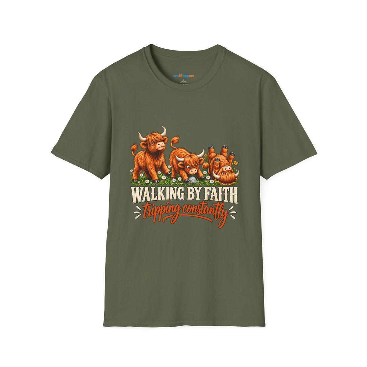 Walking By Faith T-Shirt – Happy Highland Cows Christian Tee