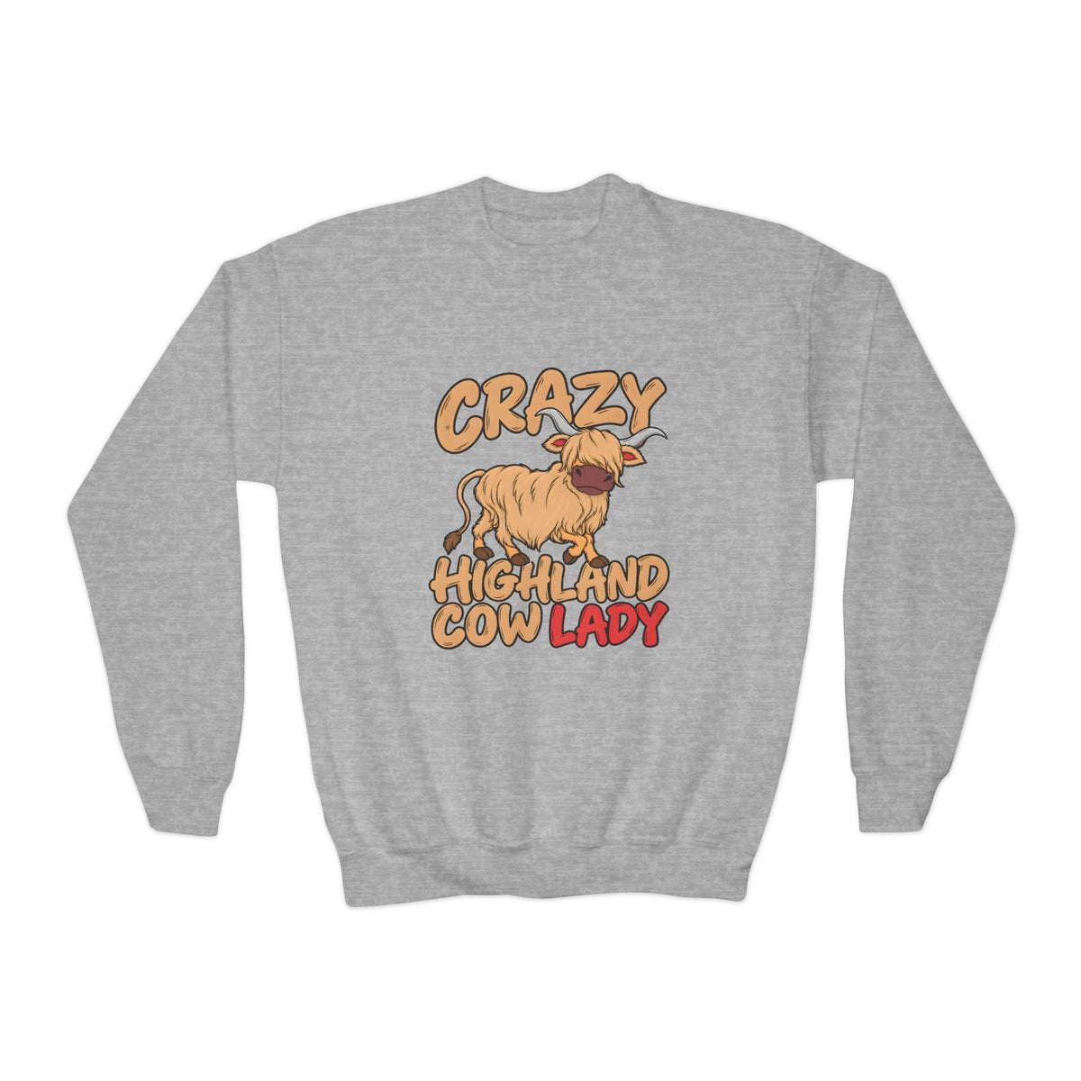 Crazy Highland Cow Lady Youth Crewneck Sweatshirt