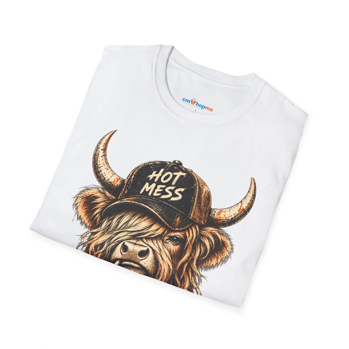 Hot Mess Highland Cow T-Shirt — Funny Cow with 'Hot Mess' Cap & Leopard Mug