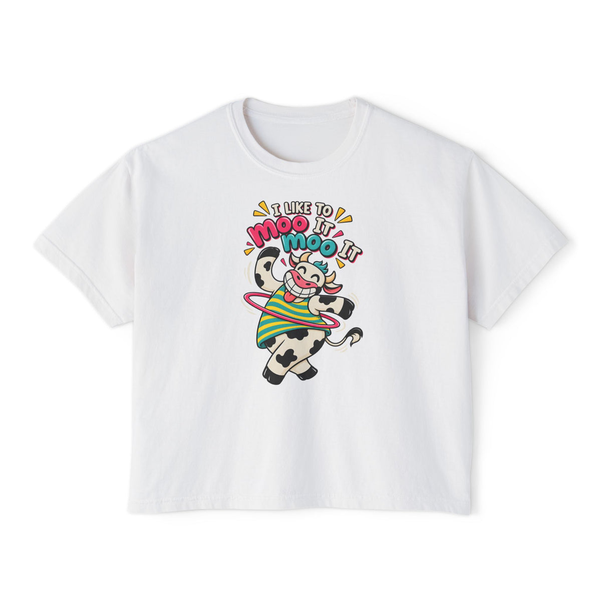 Women’s Boxy Tee — Cute Dancing Cow Graphic “I Like to Moo It Moo It”