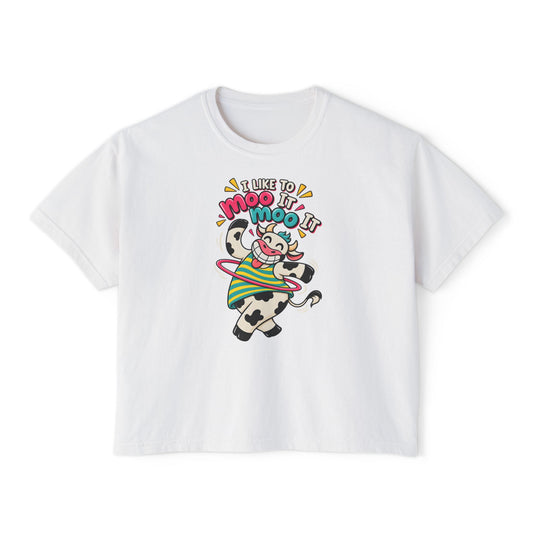 Women’s Boxy Tee — Cute Dancing Cow Graphic “I Like to Moo It Moo It”