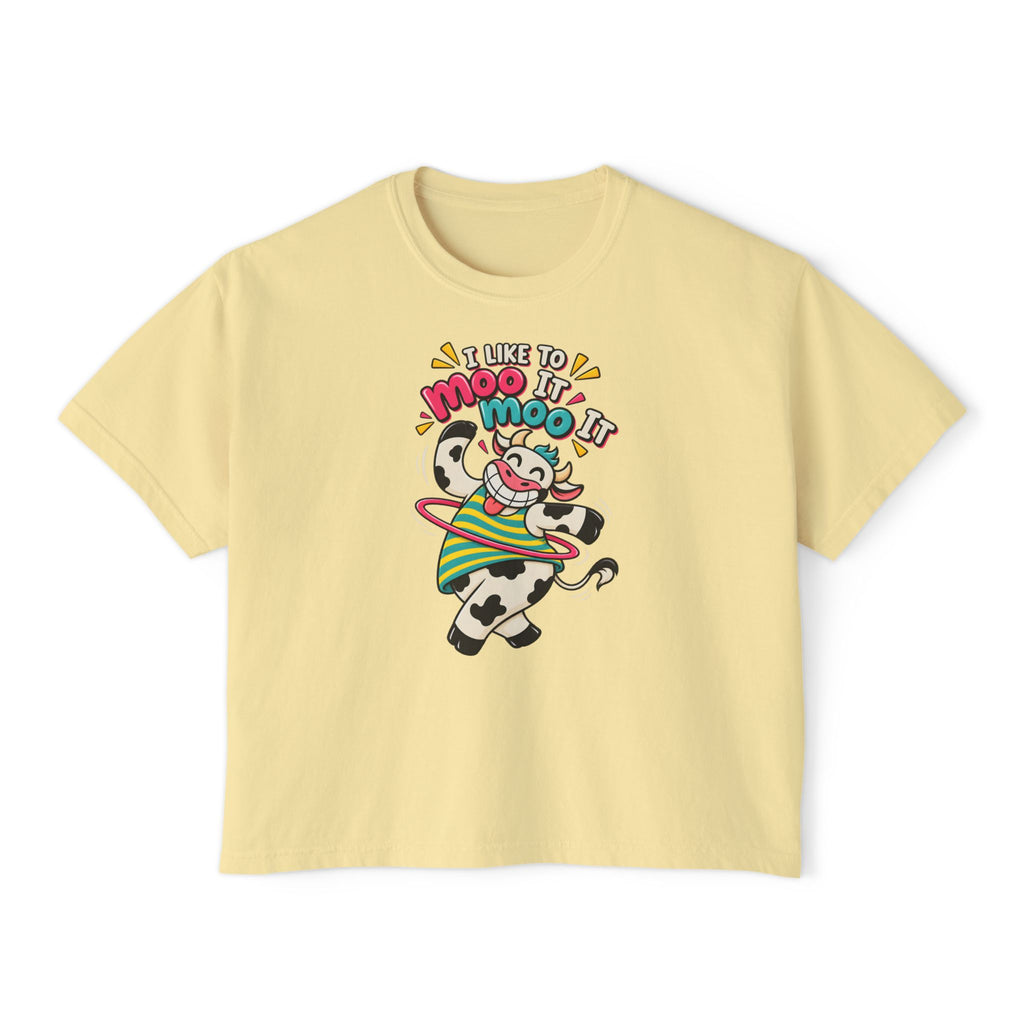 Women’s Boxy Tee — Cute Dancing Cow Graphic “I Like to Moo It Moo It”