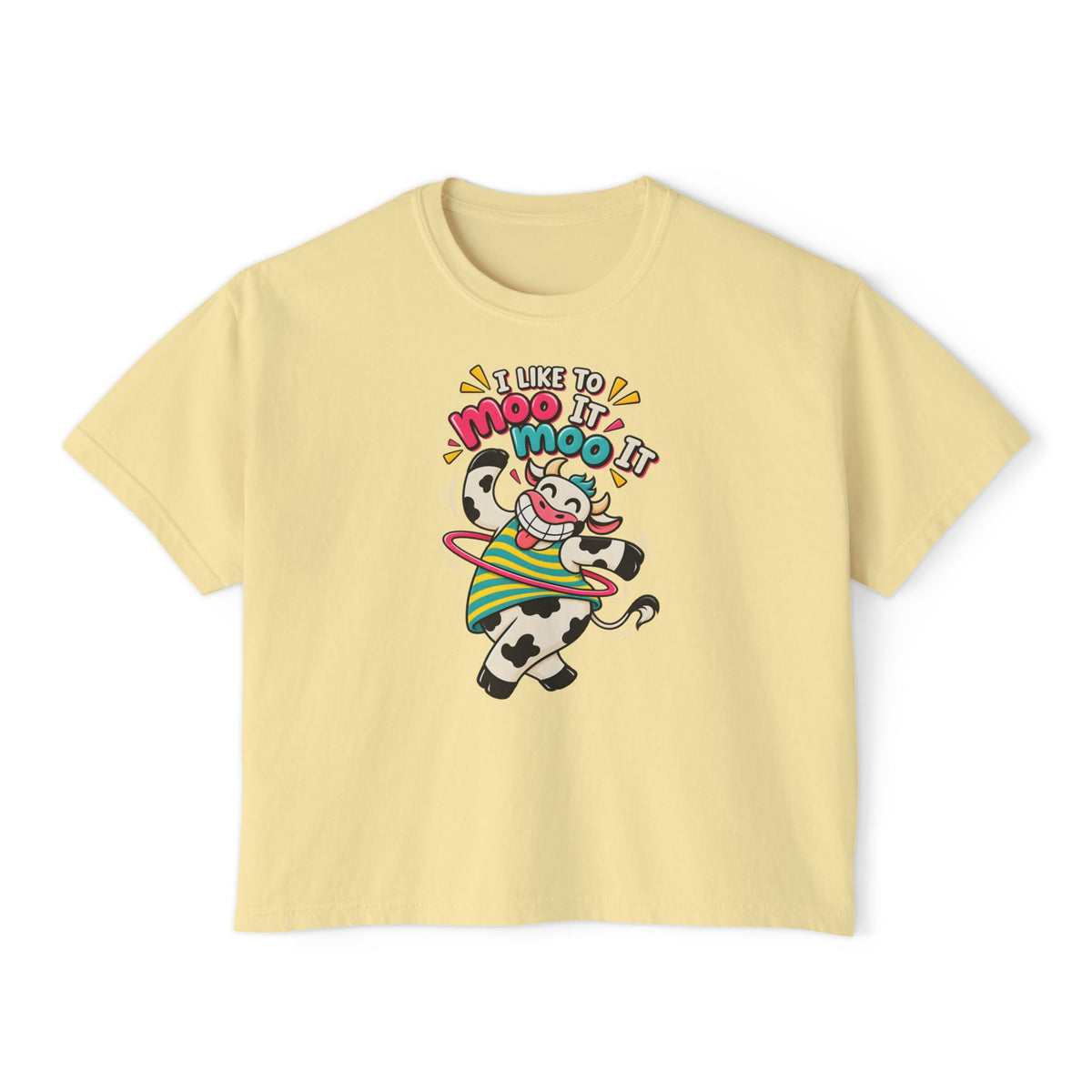 Women’s Boxy Tee — Cute Dancing Cow Graphic “I Like to Moo It Moo It”