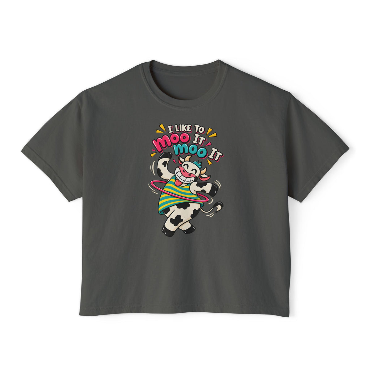 Women’s Boxy Tee — Cute Dancing Cow Graphic “I Like to Moo It Moo It”