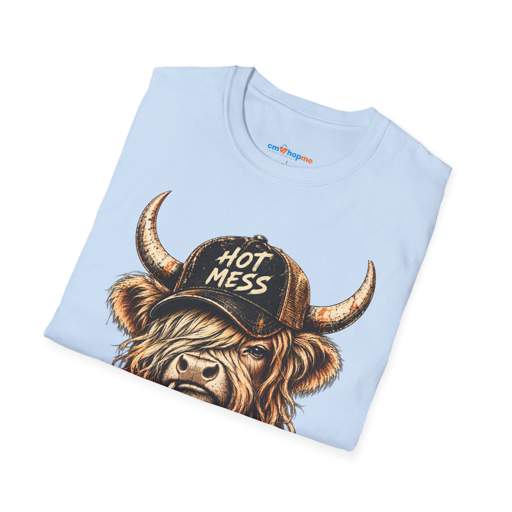 Hot Mess Highland Cow T-Shirt — Funny Cow with 'Hot Mess' Cap & Leopard Mug